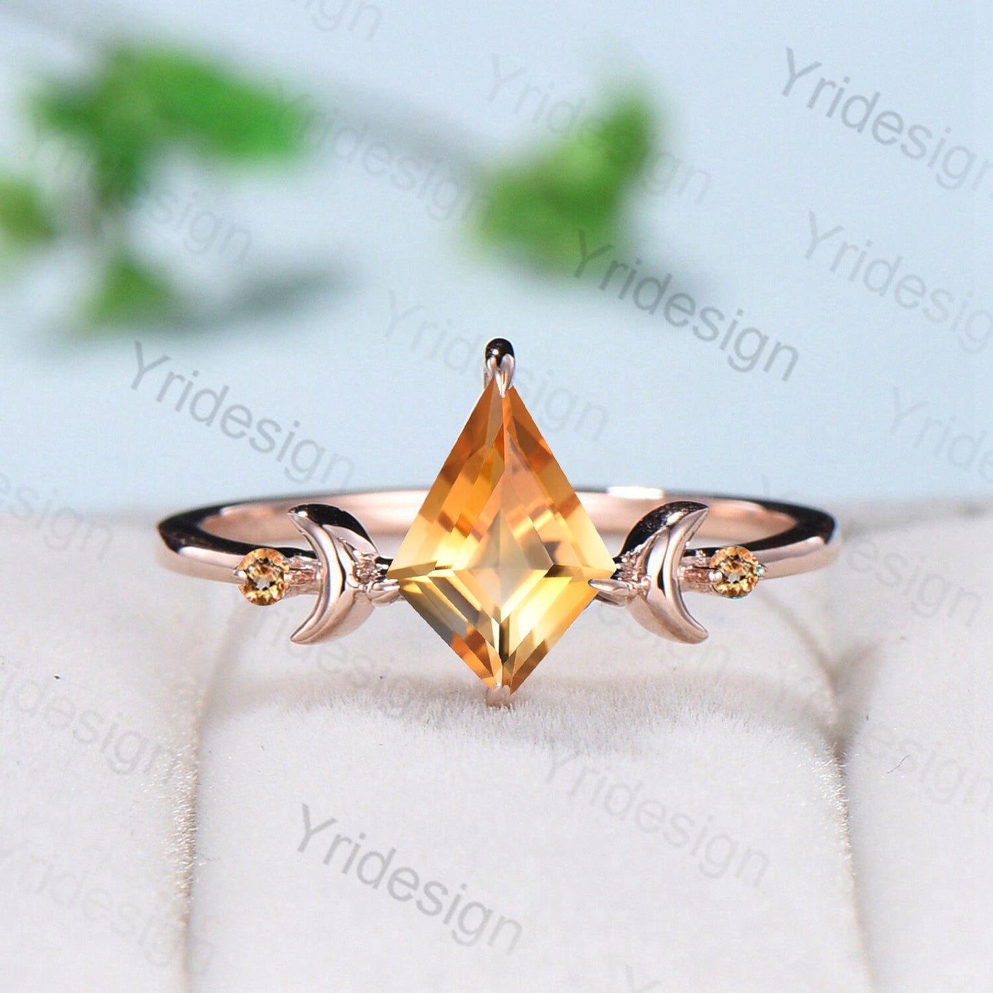 Vintage kite shaped citrine engagement ring set rose gold Unique celestial moon wedding ring for women band Yellow crystal promise ring - PENFINE