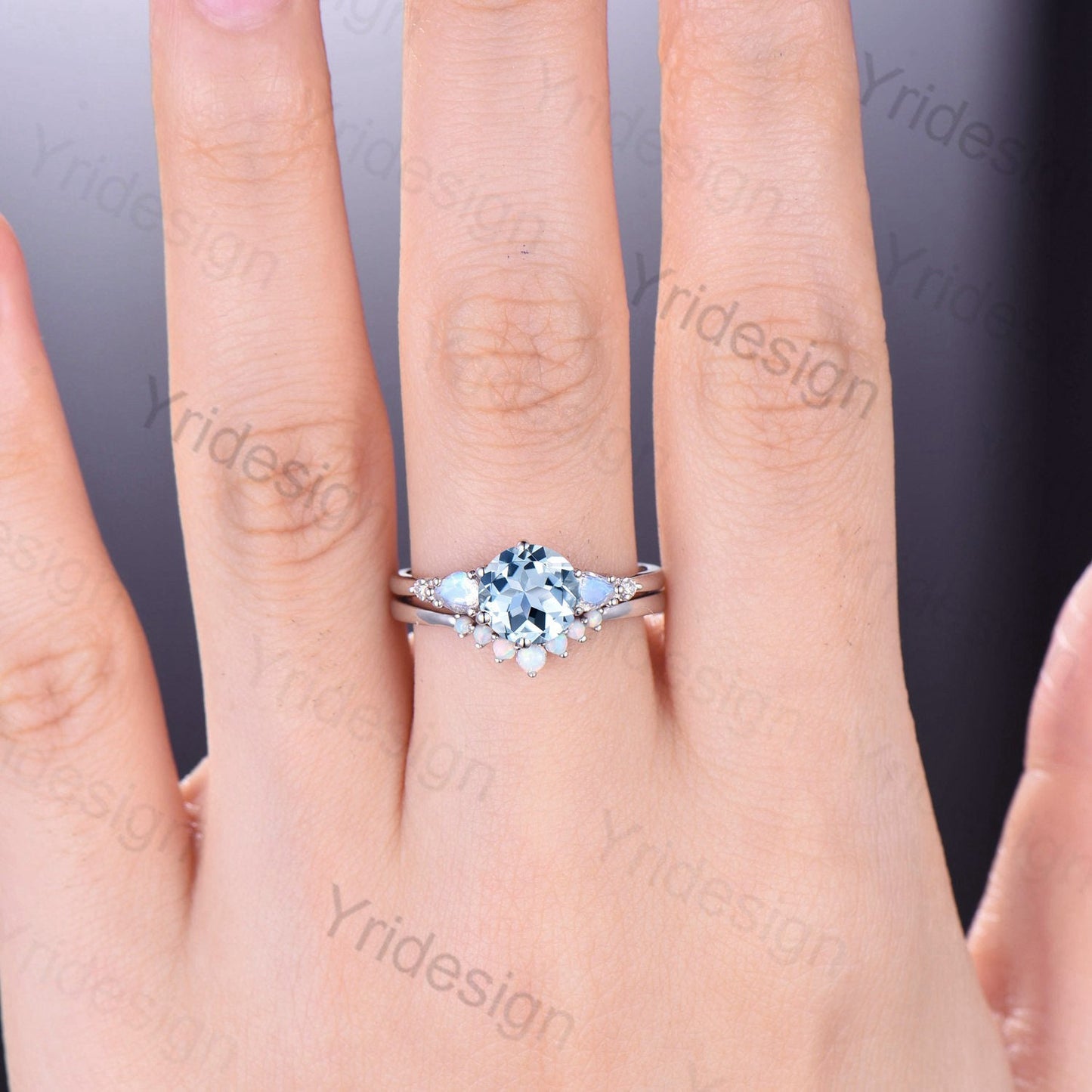 Vintage Aquamarine Engagement Ring Set White Gold Five Stone Pear Moonstone Wedding Ring Set Women Crown Opal Stacking Band Anniversary Gift - PENFINE