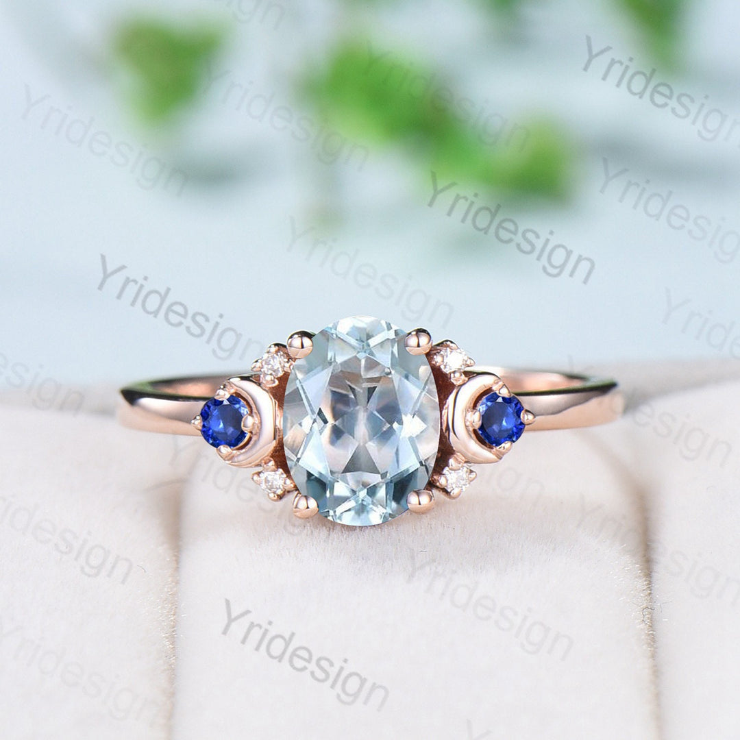 Vintage Aquamarine Engagement Ring Unique Nature Inspired Moon Cluster Sapphire Wedding Ring Unique Gold Alternative Promise Ring For Women - PENFINE