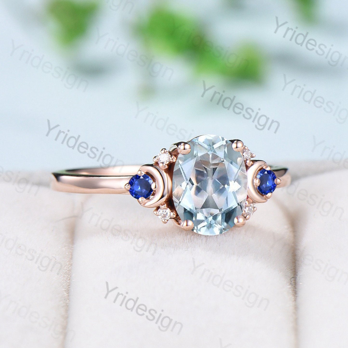 Vintage Aquamarine Engagement Ring Unique Nature Inspired Moon Cluster Sapphire Wedding Ring Unique Gold Alternative Promise Ring For Women - PENFINE