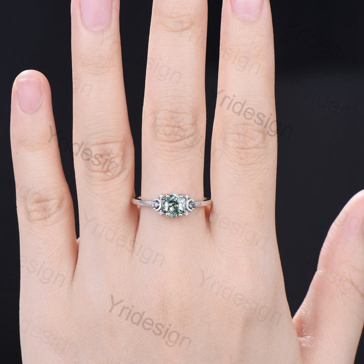 Vintage Moon Moss Agate Ring Unique Nature Inspired Green Aquatic Hexagon Agate Engagement Ring Alternative Alexandrite Opal Wedding Ring - PENFINE