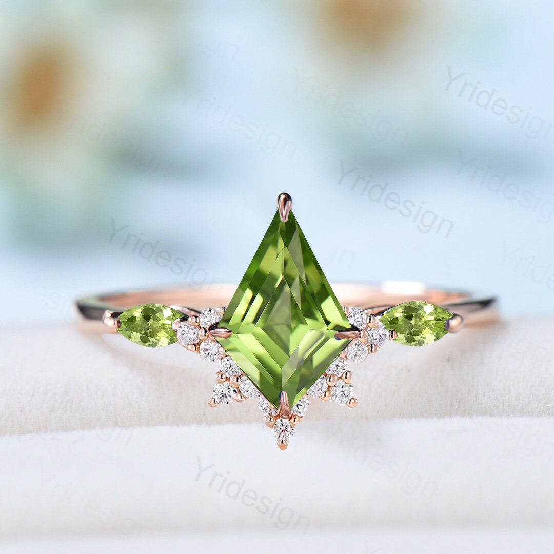 Vintage kite cut peridot engagement ring 14k rose gold marquise cut peridot wedding ring for women unique art deco  bridal wedding gift - PENFINE