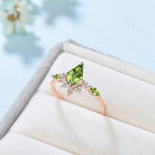 Vintage kite cut peridot engagement ring 14k rose gold marquise cut peridot wedding ring for women unique art deco bridal wedding gift - PENFINE