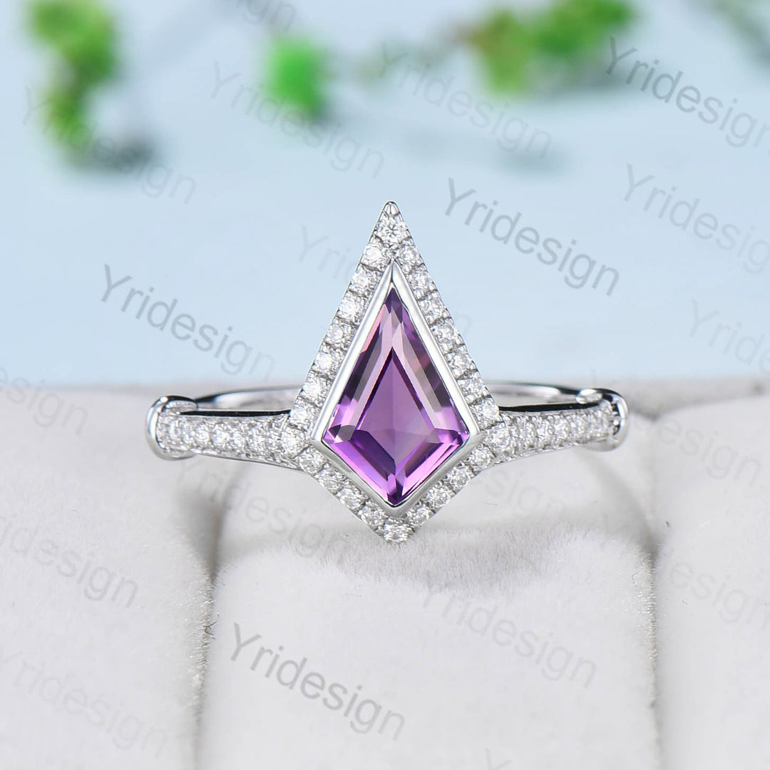 Kite shaped amethyst engagement ring Antique halo moissanite diamond wedding ring for women Vintage Style Unique Bridal Ring Solid 14K Gold - PENFINE