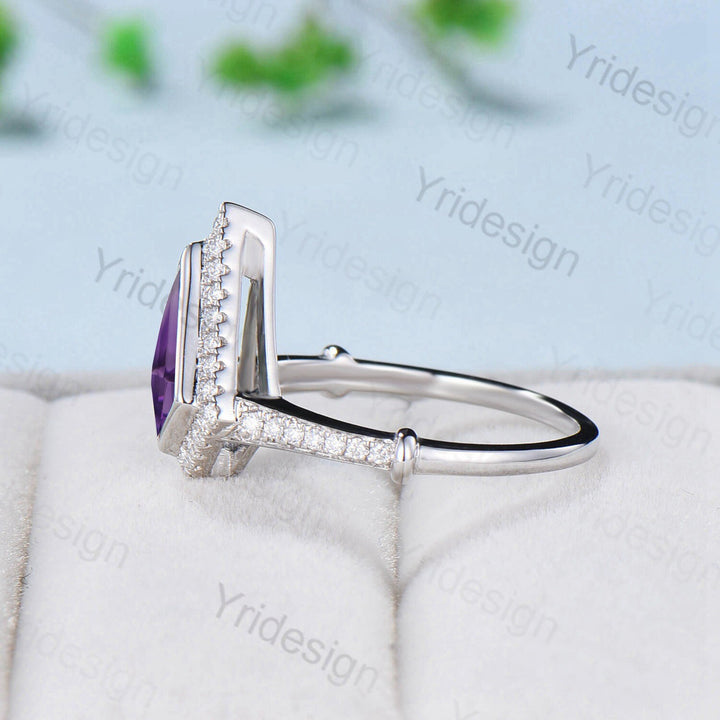 Kite shaped amethyst engagement ring Antique halo moissanite diamond wedding ring for women Vintage Style Unique Bridal Ring Solid 14K Gold - PENFINE