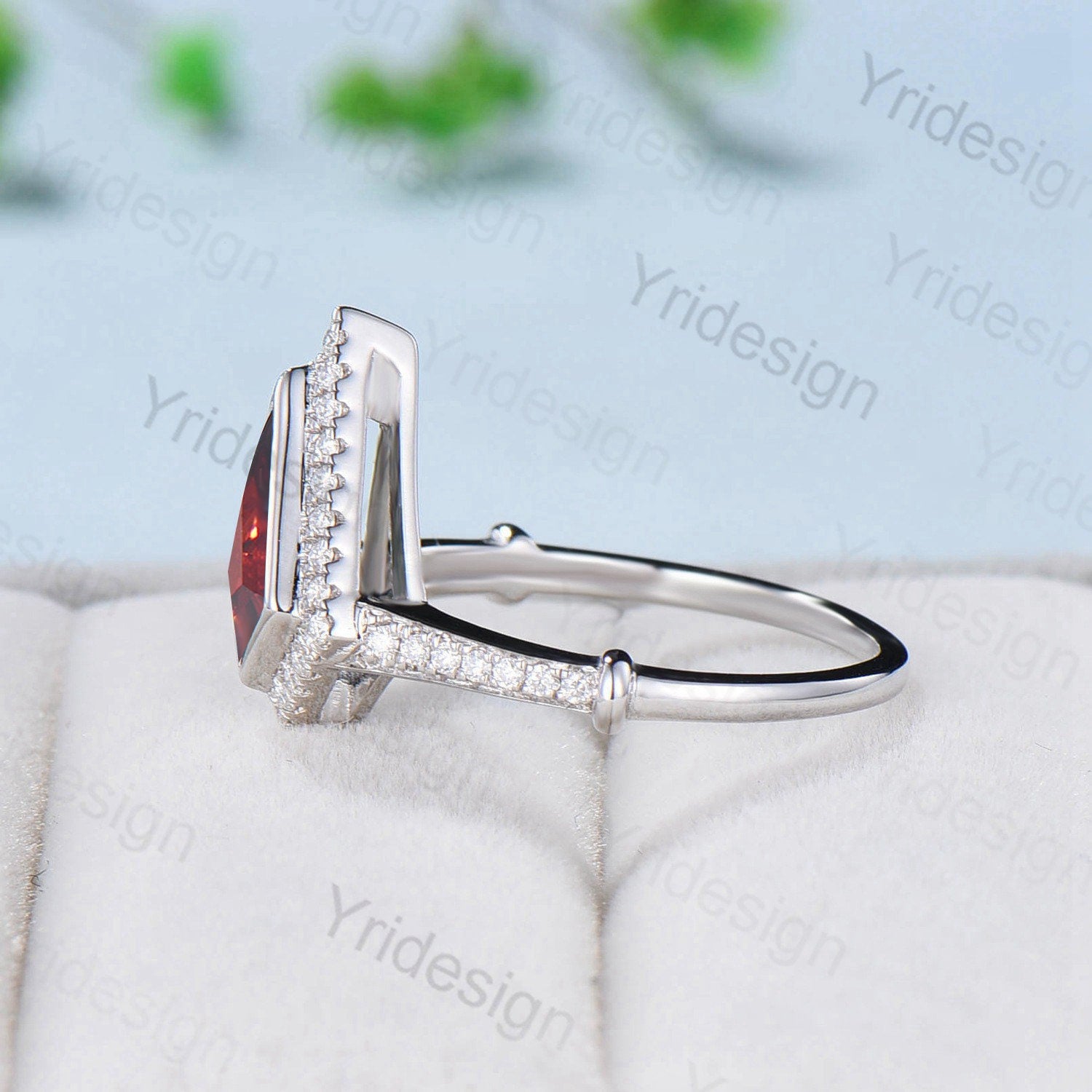 Unique kite shaped garnet engagement ring Antique halo moissanite diamond wedding ring for daughter Vintage Style White Gold Bezel Set Ring - PENFINE
