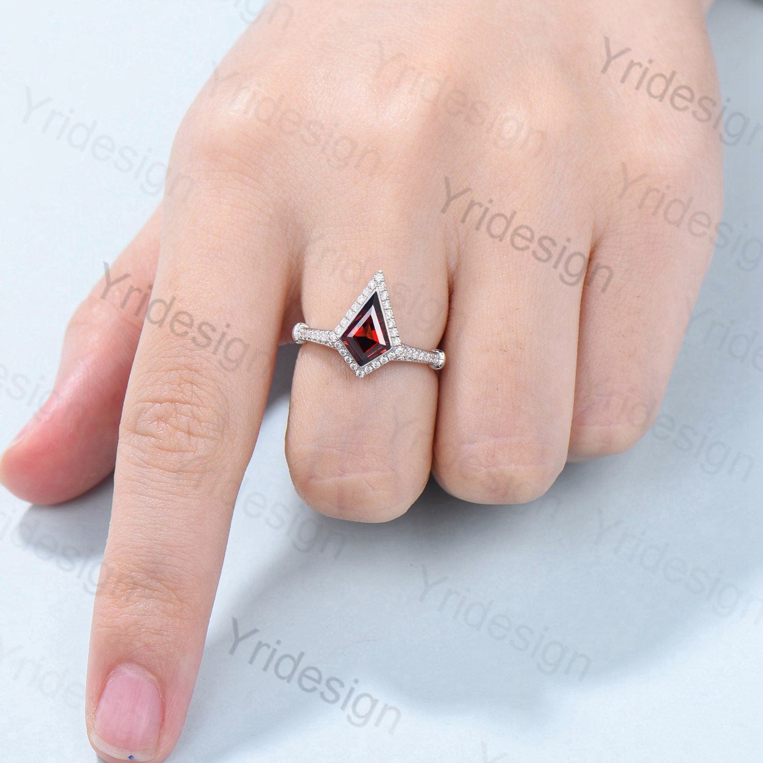 Unique kite shaped garnet engagement ring Antique halo moissanite diamond wedding ring for daughter Vintage Style White Gold Bezel Set Ring - PENFINE