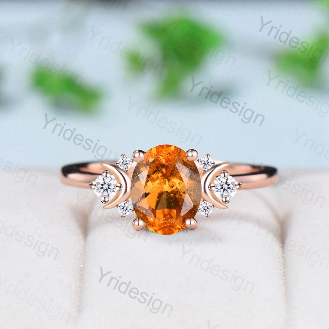 Vintage Natural Spessartite Garnet Engagement Ring Unique Celestial Moon Fanta Crystal Ring Rose Gold Art Deco Personalized Gift for Her - PENFINE