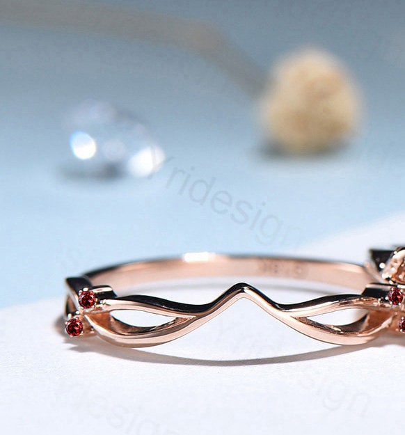 Nature Inspired Leaf garnet ring set cluster branch twig garnet engagement ring women unique January birthstone wedding ring set for her - PENFINE