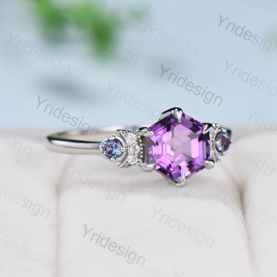 Unique hexagon amethyst engagement ring white gold Magic celestial moon Feb birthstone promise ring vintage crescent wedding ring gift women - PENFINE