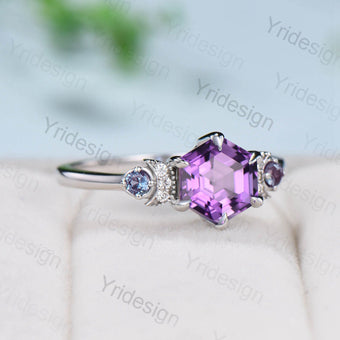 Unique hexagon amethyst engagement ring white gold Magic celestial moon Feb birthstone promise ring vintage crescent wedding ring gift women - PENFINE