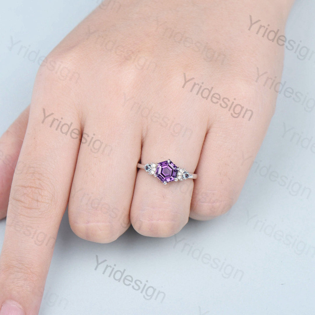 Unique hexagon amethyst engagement ring white gold Magic celestial moon Feb birthstone promise ring vintage crescent wedding ring gift women - PENFINE