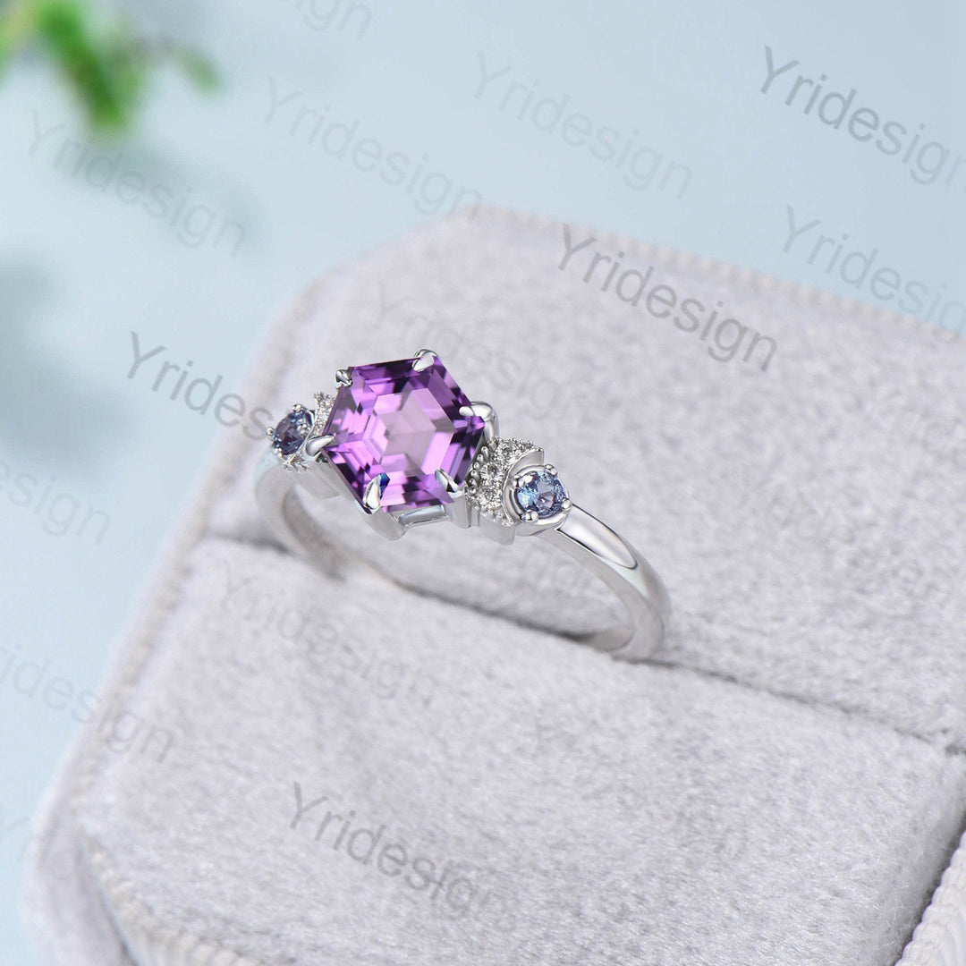 Unique hexagon amethyst engagement ring white gold Magic celestial moon Feb birthstone promise ring vintage crescent wedding ring gift women - PENFINE