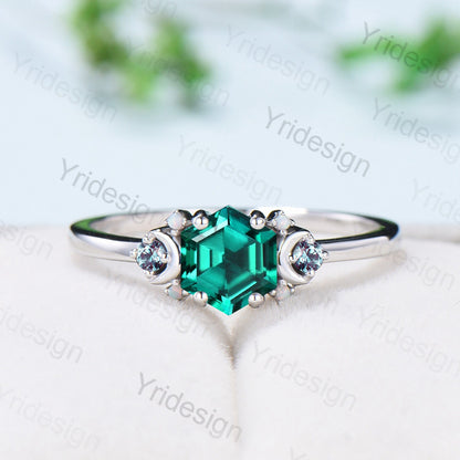 Vintage Moon Emerald Ring Unique Nature Inspired Green Crystal Hexagon Emerald Engagement Ring Cluster Alexandrite Opal Wedding Ring for her - PENFINE