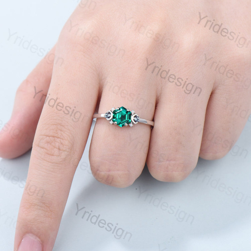 Vintage Moon Emerald Ring Unique Nature Inspired Green Crystal Hexagon Emerald Engagement Ring Cluster Alexandrite Opal Wedding Ring for her - PENFINE