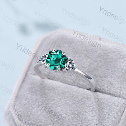 Vintage Moon Emerald Ring Unique Nature Inspired Green Crystal Hexagon Emerald Engagement Ring Cluster Alexandrite Opal Wedding Ring for her - PENFINE