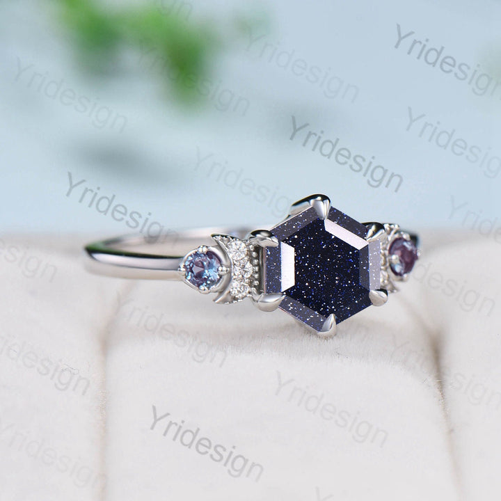 Celestial moon blue sandstone engagement ring hexagon cut Unique galaxy starry sky wedding ring vintage crescent moon Proposal Gifts Women - PENFINE