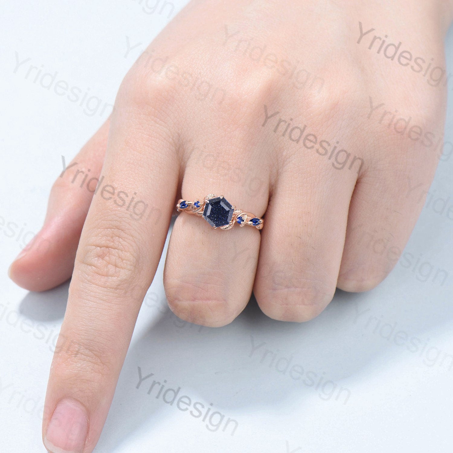 Nature Inspired  Blue Sandstone Engagement Ring Vine Twig Sapphire Wedding Band Branch Promise Ring Unique Handmade Proposal Gifts for Women - PENFINE