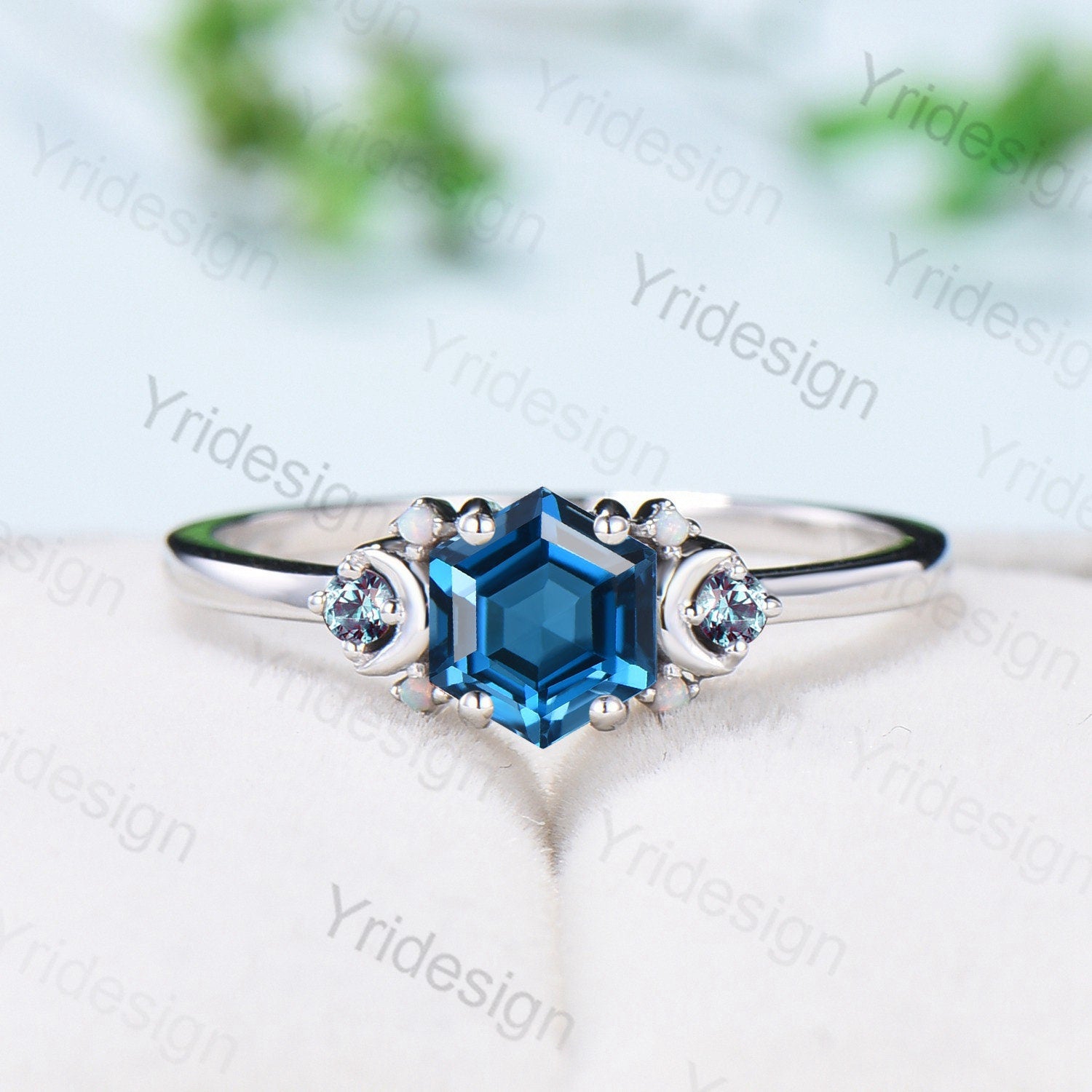 Vintage Moon London Blue Topaz Ring Unique Nature Inspired  Hexagon topaz Engagement Ring Cluster Alexandrite Opal Wedding Ring gift for her - PENFINE