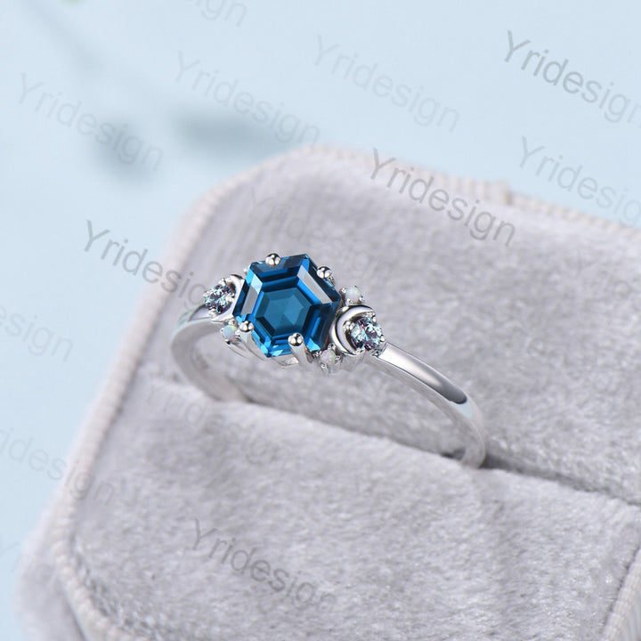 Vintage Moon London Blue Topaz Ring Unique Nature Inspired  Hexagon topaz Engagement Ring Cluster Alexandrite Opal Wedding Ring gift for her - PENFINE