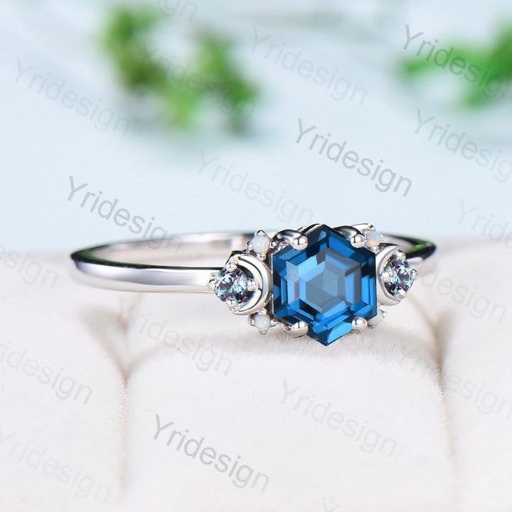 Vintage Moon London Blue Topaz Ring Unique Nature Inspired  Hexagon topaz Engagement Ring Cluster Alexandrite Opal Wedding Ring gift for her - PENFINE