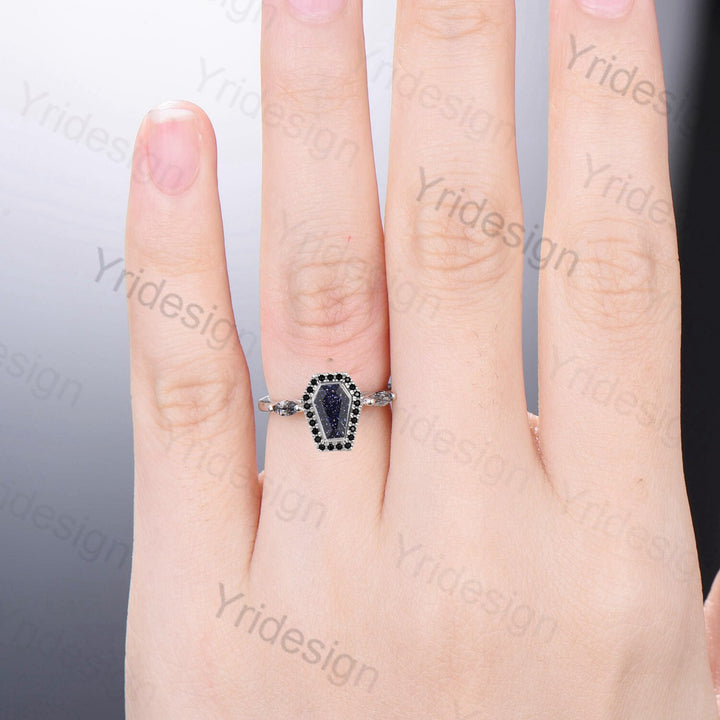 Unique Coffin Cut Blue Sandstone Engagement Ring Art Deco Marquise Black Quartz Wedding Ring Halo Diamond Wedding/Birthday Gift for Women - PENFINE