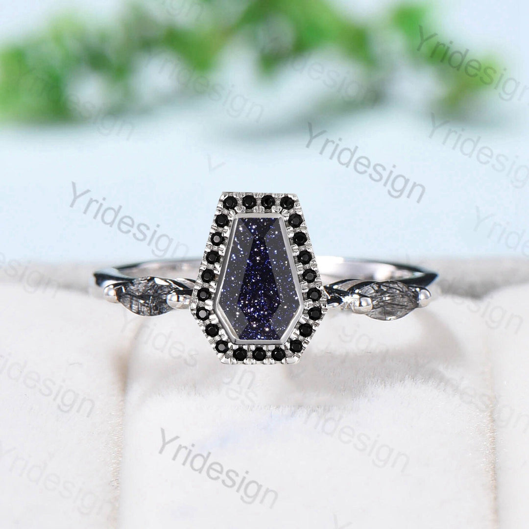 Unique Coffin Cut Blue Sandstone Engagement Ring Art Deco Marquise Black Quartz Wedding Ring Halo Diamond Wedding/Birthday Gift for Women - PENFINE