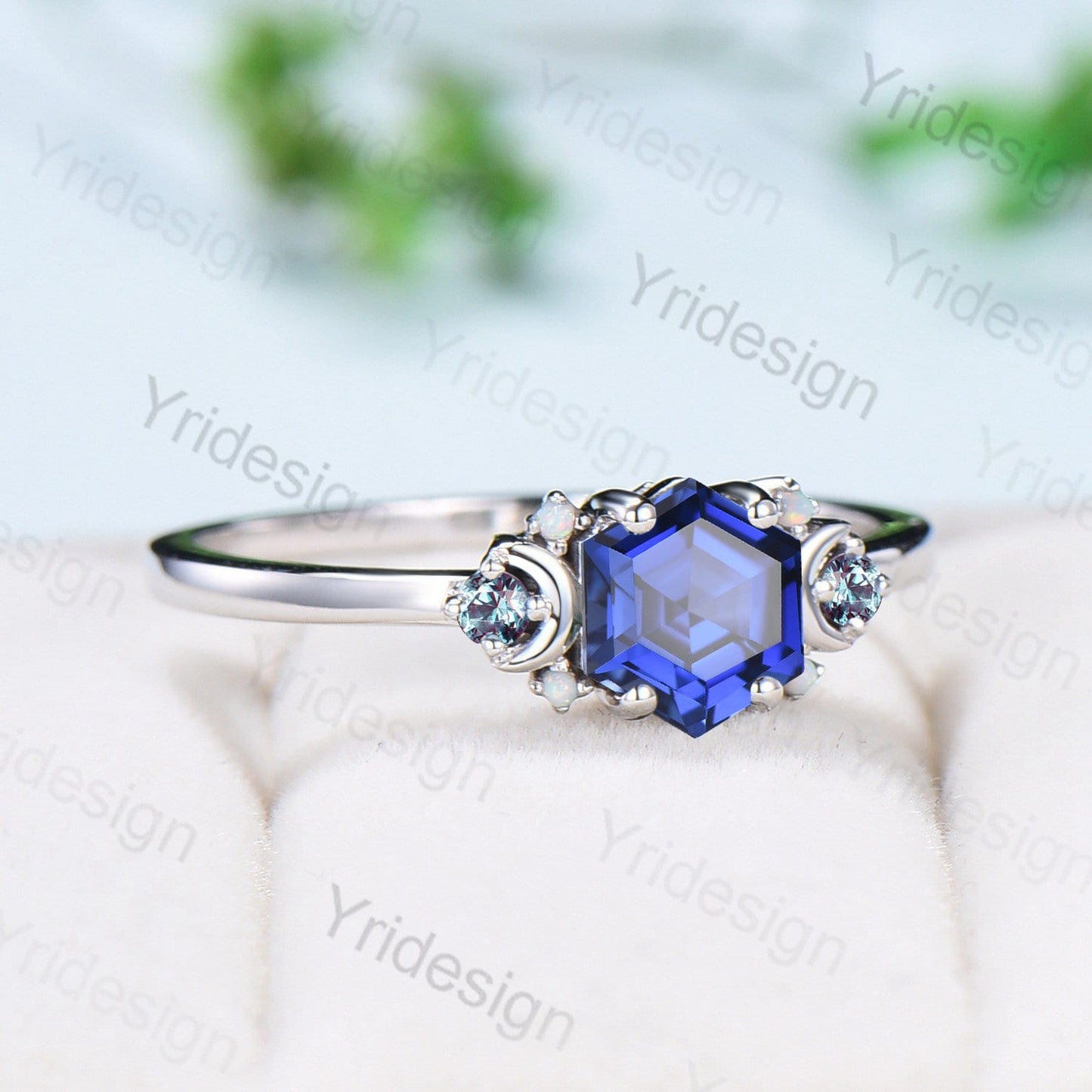 Vintage Moon Blue Sapphire Ring Unique Nature Inspired  Hexagon Lab Sapphire Engagement Ring Cluster Alexandrite Opal Wedding Ring for her - PENFINE