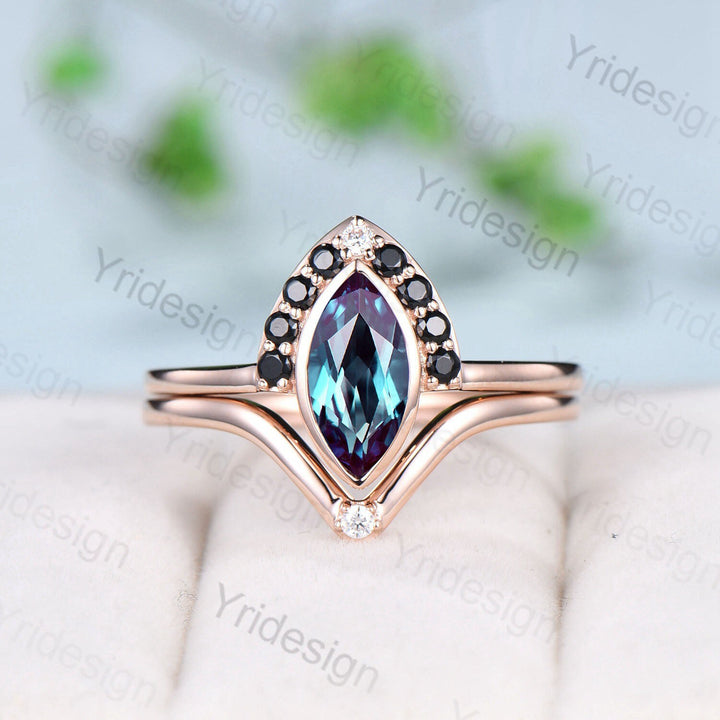 10x5mm Marquise Cut Alexandrite ring set Vintage unique bezel set alexandrite engagement ring set rose gold black diamond wedding ring women - PENFINE