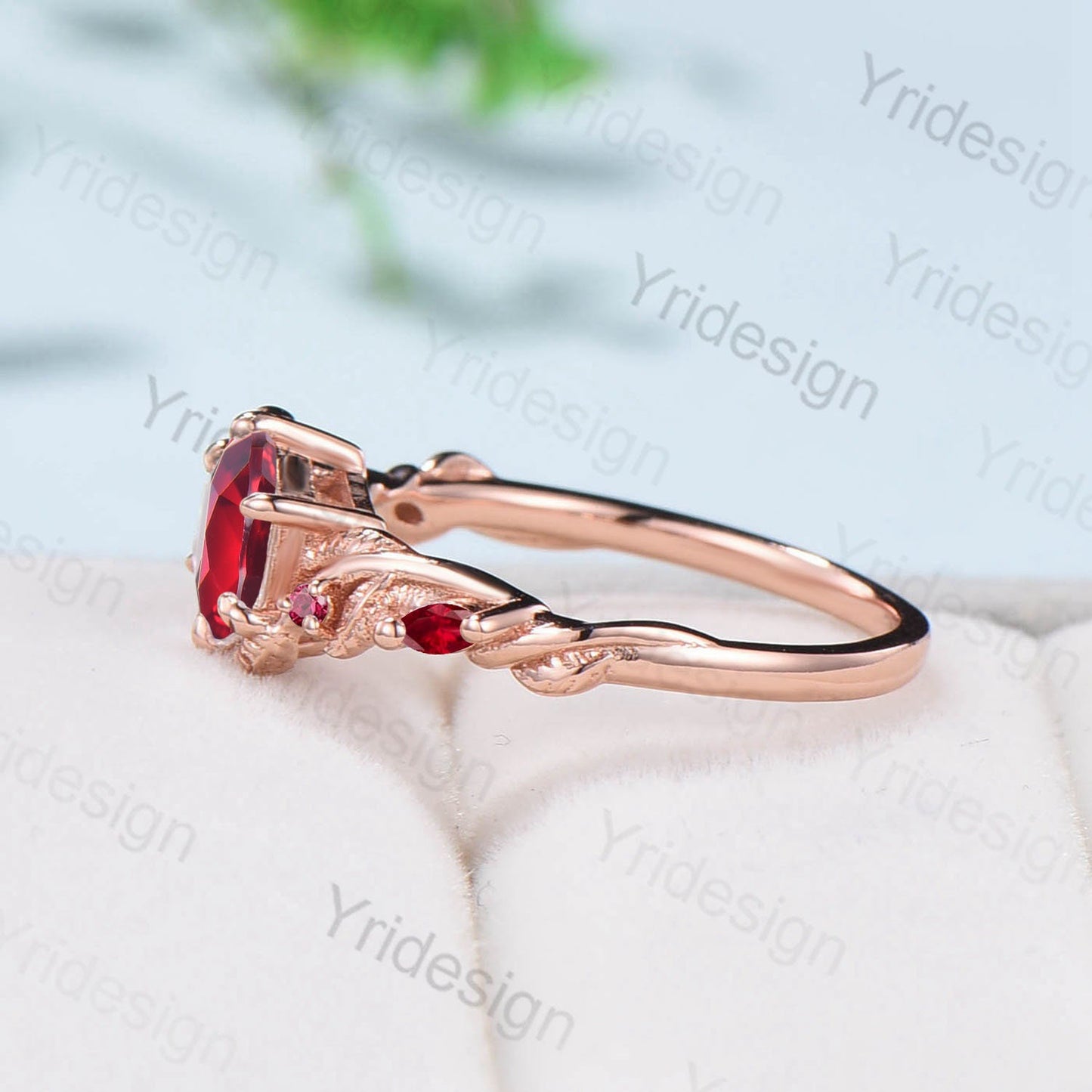 Vintage Red Ruby Ring Hexagon Cut Retro leaf Engagement Ring 5 Stone Unique Women Bridal Ring Rose gold nature inspired anniversary ring - PENFINE