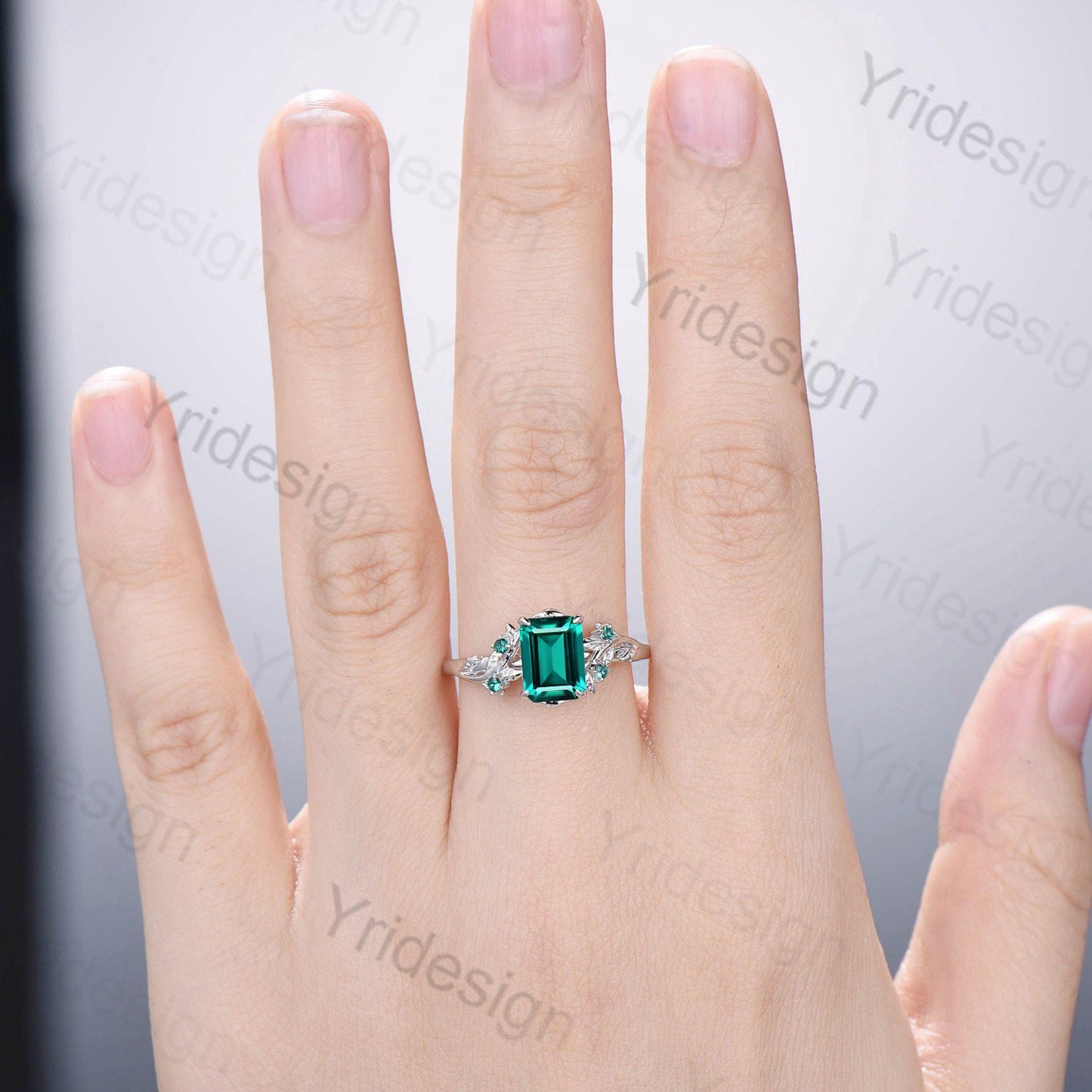 Elegant Emerald Ring Vintage Unique Twig Emerald Cut Engagement Ring Leaf Cluster Women Green Gemstone Natural inspired Wedding Ring Gift - PENFINE