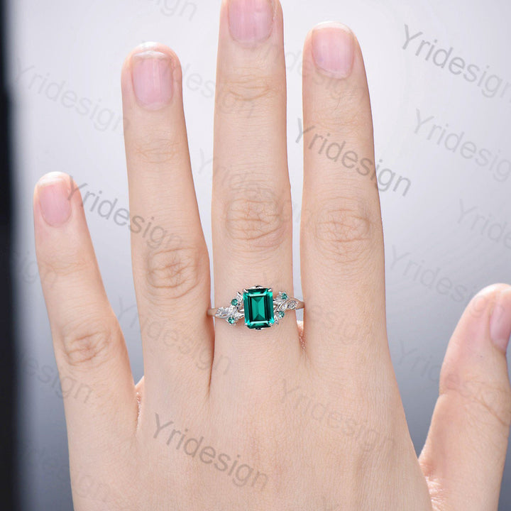 Elegant Emerald Ring Vintage Unique Twig Emerald Cut Engagement Ring Leaf Cluster Women Green Gemstone Natural inspired Wedding Ring Gift - PENFINE
