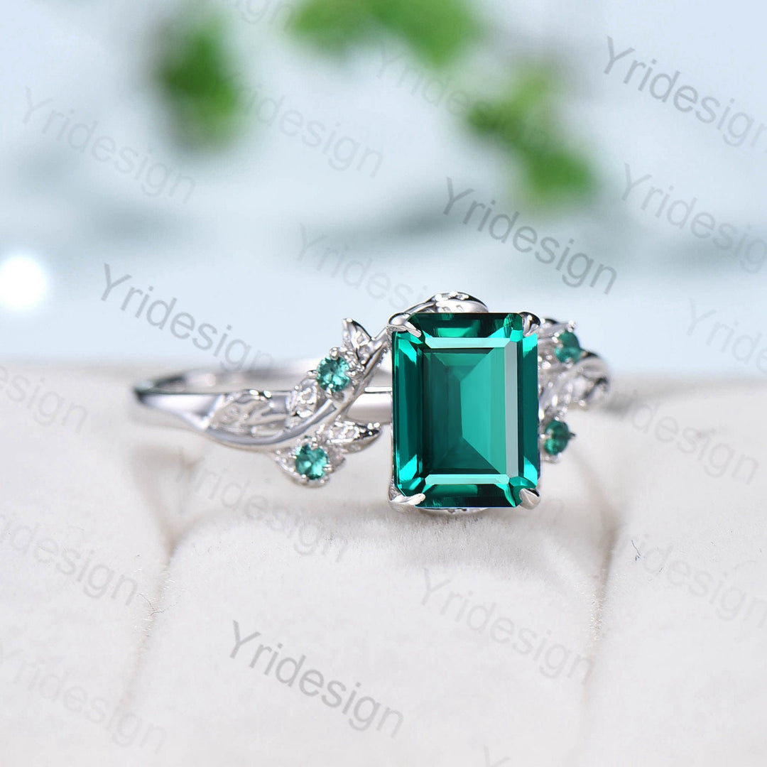Elegant Emerald Ring Vintage Unique Twig Emerald Cut Engagement Ring Leaf Cluster Women Green Gemstone Natural inspired Wedding Ring Gift - PENFINE