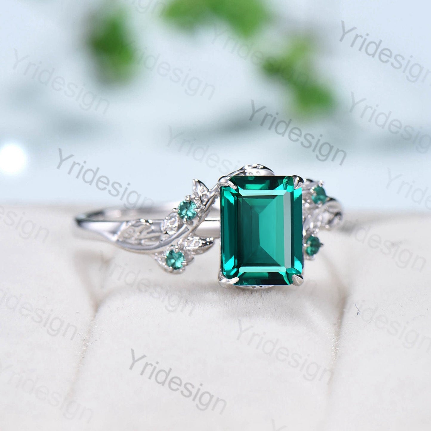 Elegant Emerald Ring Vintage Unique Twig Emerald Cut Engagement Ring Leaf Cluster Women Green Gemstone Natural inspired Wedding Ring Gift - PENFINE