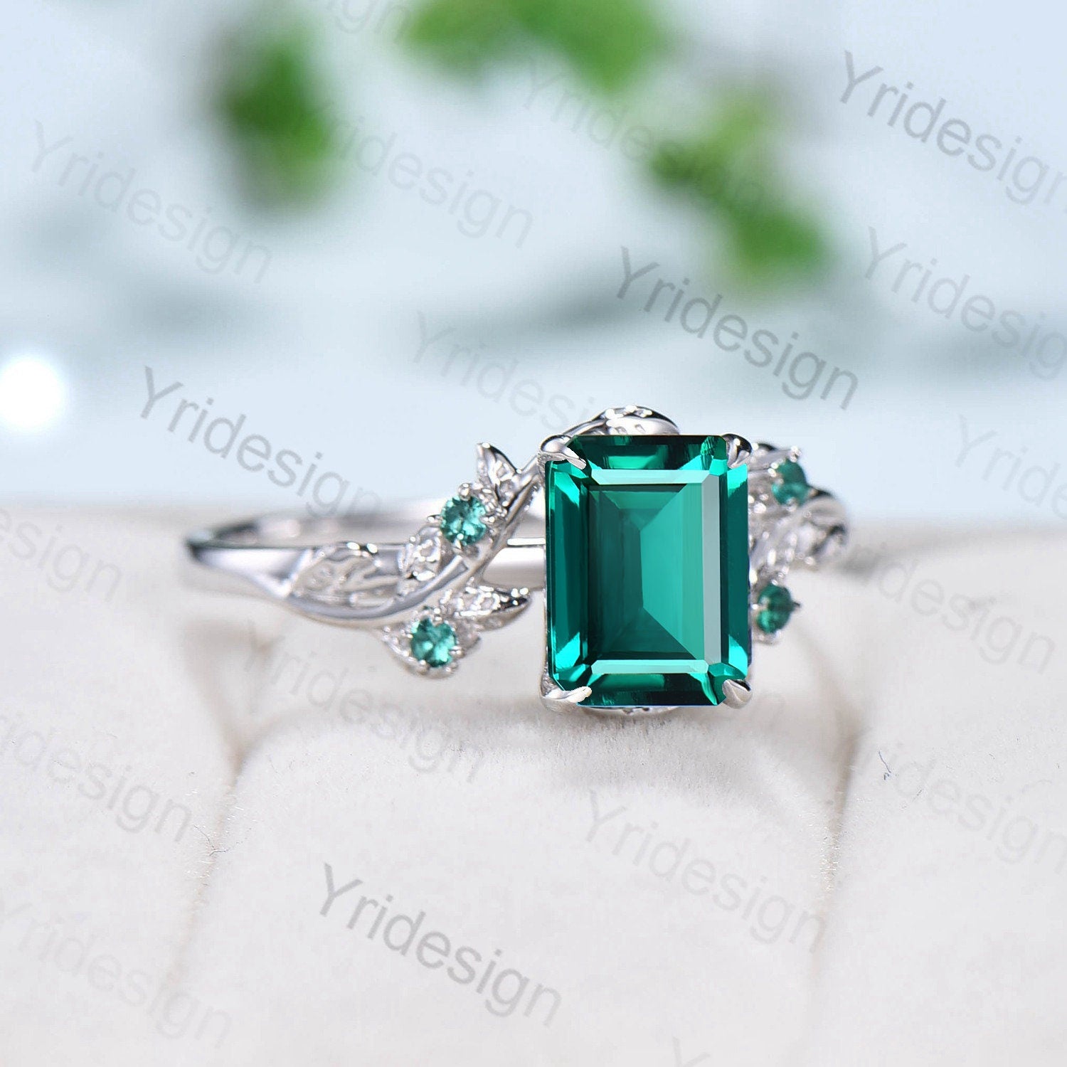Elegant Emerald Ring Vintage Unique Twig Emerald Cut Engagement Ring Leaf Cluster Women Green Gemstone Natural inspired Wedding Ring Gift - PENFINE