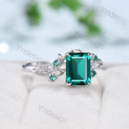 Elegant Emerald Ring Vintage Unique Twig Emerald Cut Engagement Ring Leaf Cluster Women Green Gemstone Natural inspired Wedding Ring Gift - PENFINE