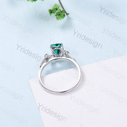 Elegant Emerald Ring Vintage Unique Twig Emerald Cut Engagement Ring Leaf Cluster Women Green Gemstone Natural inspired Wedding Ring Gift - PENFINE