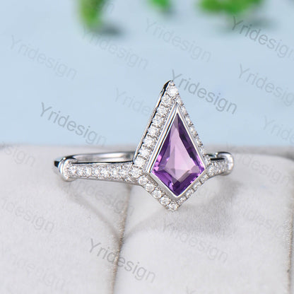 Kite shaped amethyst engagement ring Antique halo moissanite diamond wedding ring for women Vintage Style Unique Bridal Ring Solid 14K Gold - PENFINE
