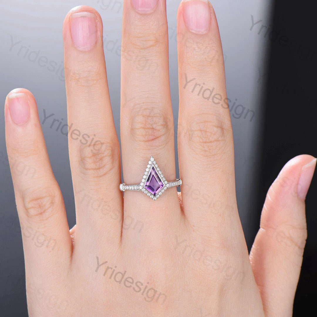 Kite shaped amethyst engagement ring Antique halo moissanite diamond wedding ring for women Vintage Style Unique Bridal Ring Solid 14K Gold - PENFINE