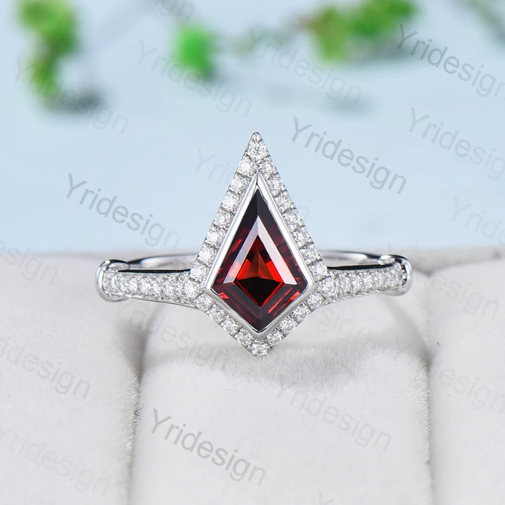 Unique kite shaped garnet engagement ring Antique halo moissanite diamond wedding ring for daughter Vintage Style White Gold Bezel Set Ring - PENFINE