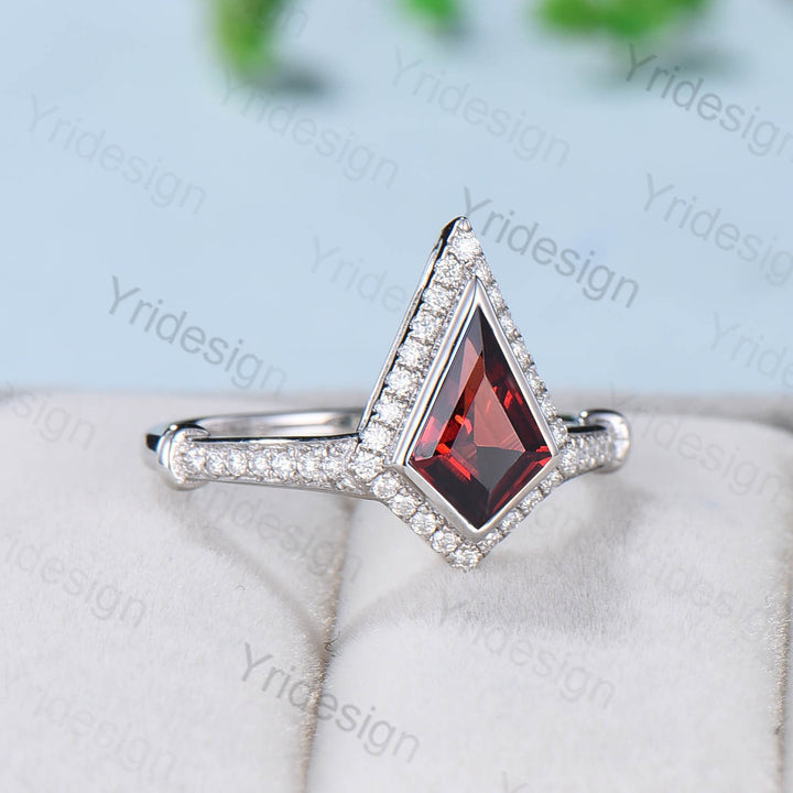 Unique kite shaped garnet engagement ring Antique halo moissanite diamond wedding ring for daughter Vintage Style White Gold Bezel Set Ring - PENFINE