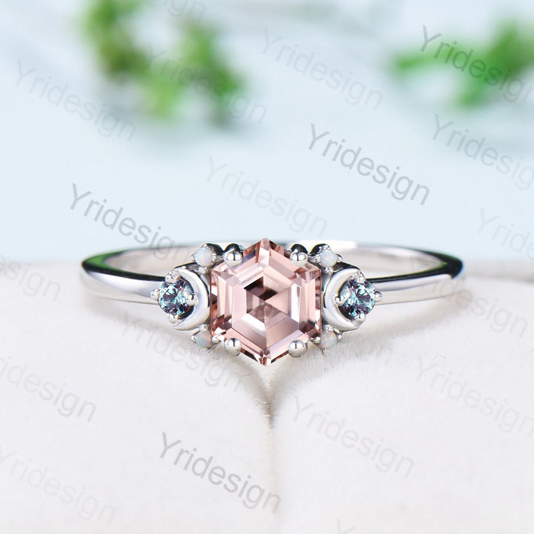 Vintage Hexagon Pink Morganite Ring Unique Nature Inspired Morganite Moon Engagement Ring Alternative Alexandrite Opal Wedding Ring Women - PENFINE