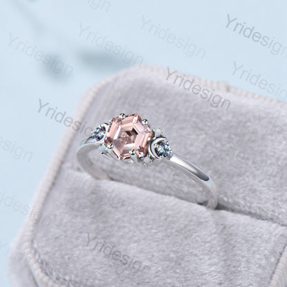 Vintage Hexagon Pink Morganite Ring Unique Nature Inspired Morganite Moon Engagement Ring Alternative Alexandrite Opal Wedding Ring Women - PENFINE