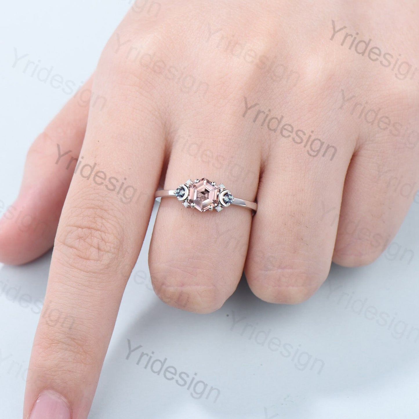 Vintage Hexagon Pink Morganite Ring Unique Nature Inspired Morganite Moon Engagement Ring Alternative Alexandrite Opal Wedding Ring Women - PENFINE
