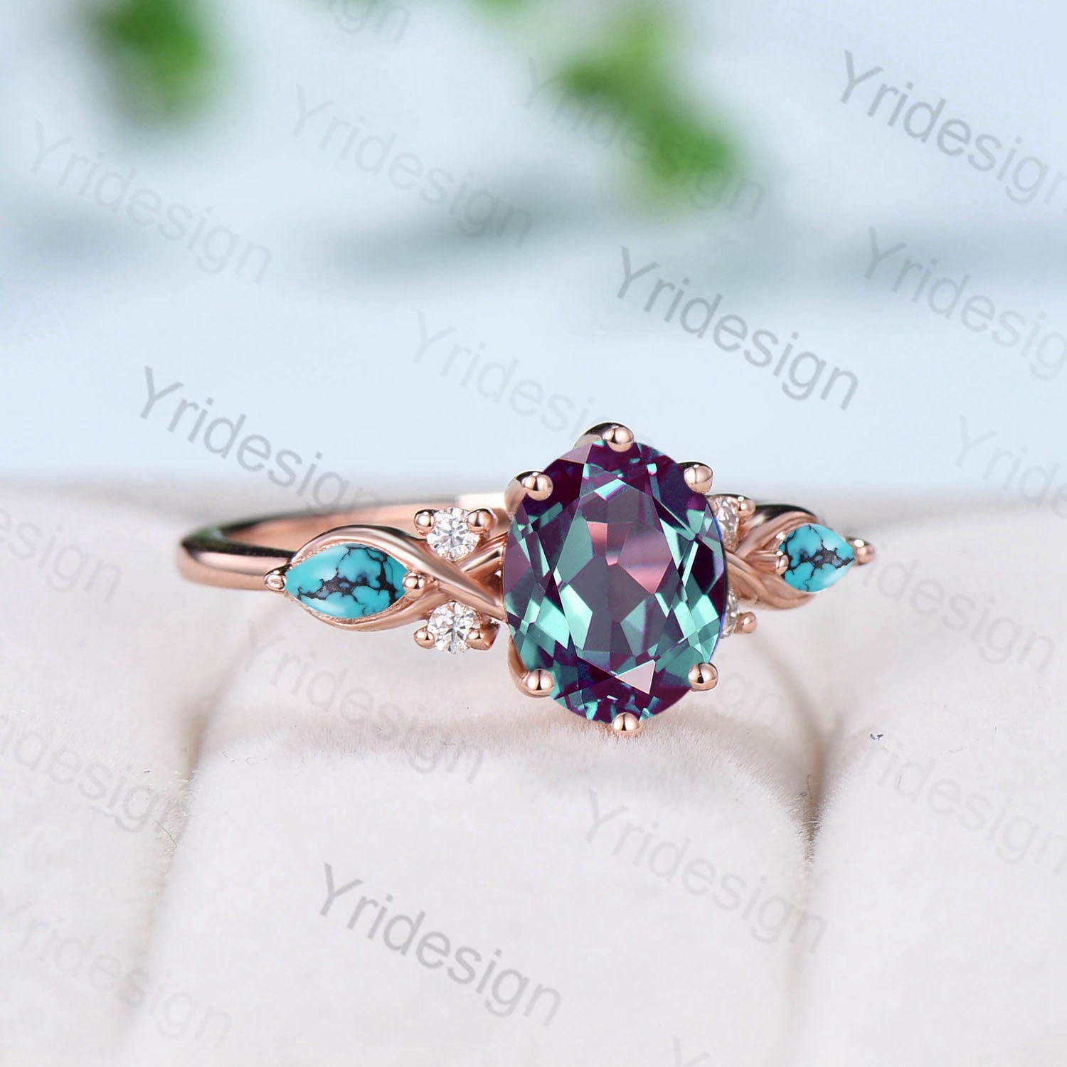 Vintage oval alexandrite engagement ring rose gold twisted unique marquise turquoise wedding ring set art deco color change stone ring gift - PENFINE