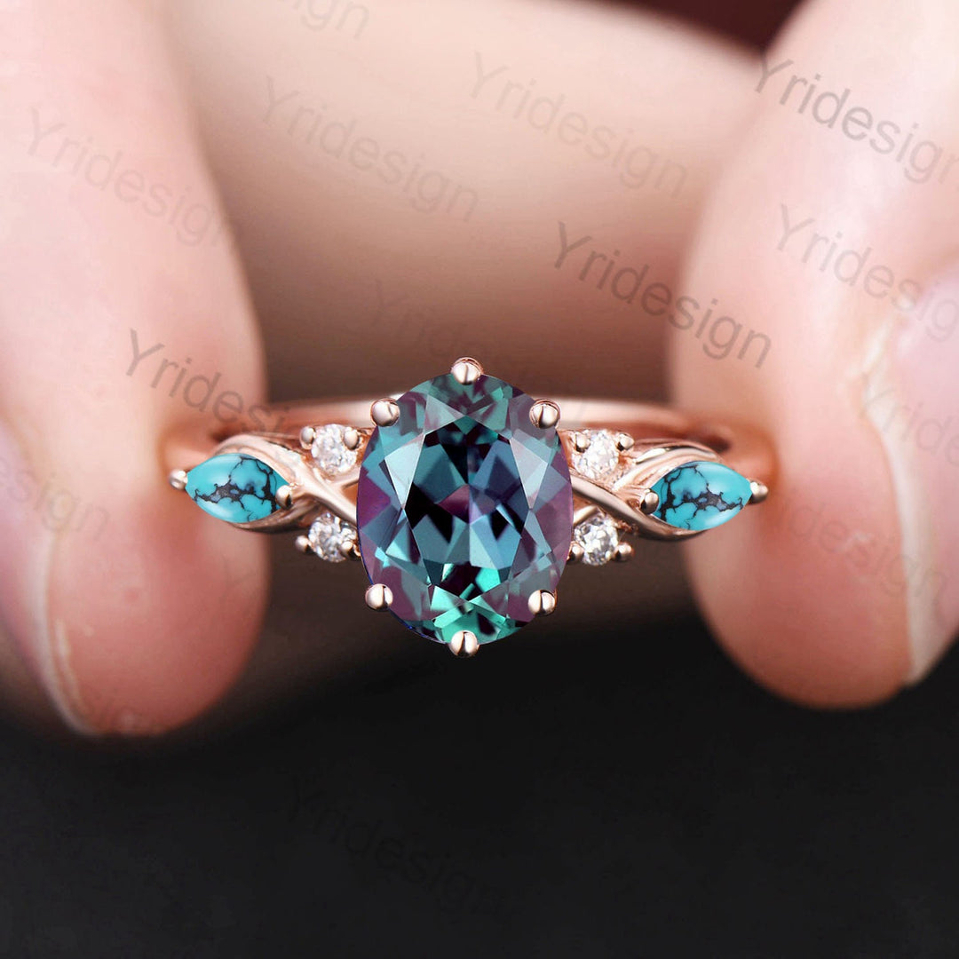 Vintage oval alexandrite engagement ring rose gold twisted unique marquise turquoise wedding ring set art deco color change stone ring gift - PENFINE