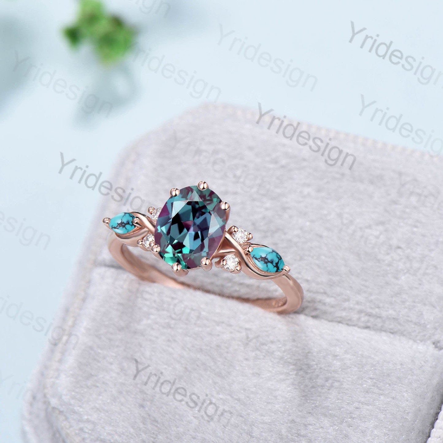 Vintage oval alexandrite engagement ring rose gold twisted unique marquise turquoise wedding ring set art deco color change stone ring gift - PENFINE