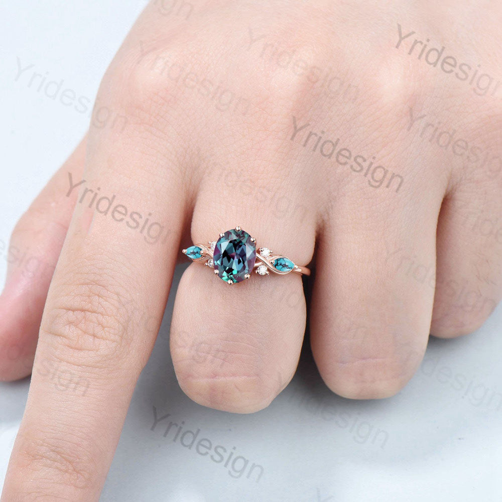 Vintage oval alexandrite engagement ring rose gold twisted unique marquise turquoise wedding ring set art deco color change stone ring gift - PENFINE