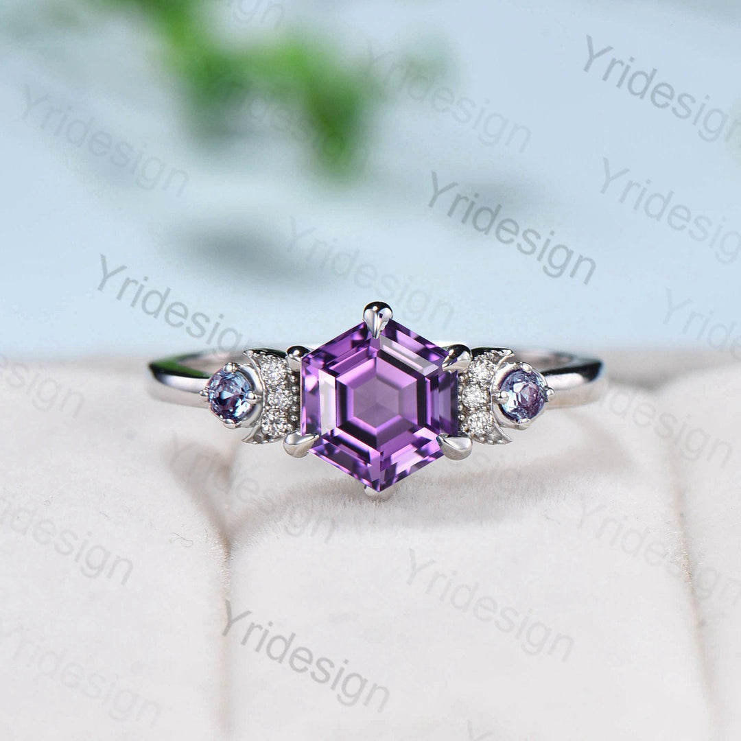 Unique hexagon amethyst engagement ring white gold Magic celestial moon Feb birthstone promise ring vintage crescent wedding ring gift women - PENFINE