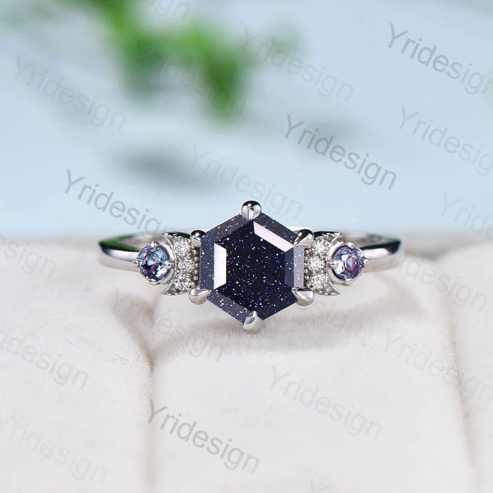 Celestial moon blue sandstone engagement ring hexagon cut Unique galaxy starry sky wedding ring vintage crescent moon Proposal Gifts Women - PENFINE